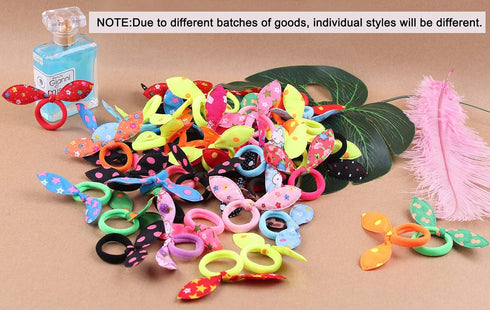 50pcs Children Hair Ties+200pcs Rubber Bands, Cute Toddler Rabbit Ear Hair Ties, Seamless No Crease Elastic Cotton Bows Ponytail Holders Hair Acce...
