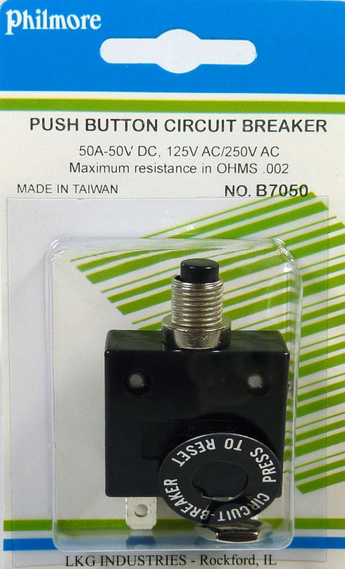 Philmore 50A Push Button Manual Reset Thermal Circuit Breaker 50V DC, 125V AC...