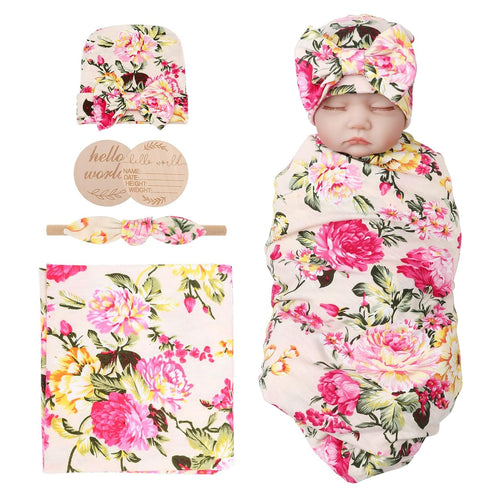 Newborn Baby Receiving Blankets Girl with Bow Hat Headband Wooden Birth Card Set Baby Swaddles for Newborns Toddler Gift...