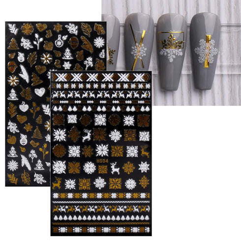 JMEOWIO 8 Sheets Christmas Glitter Nail Art Stickers Decals Self-Adhesive Pegatinas Uñas Snowflake Xmas Winter Holiday Cute Gold White Nail Suppli...