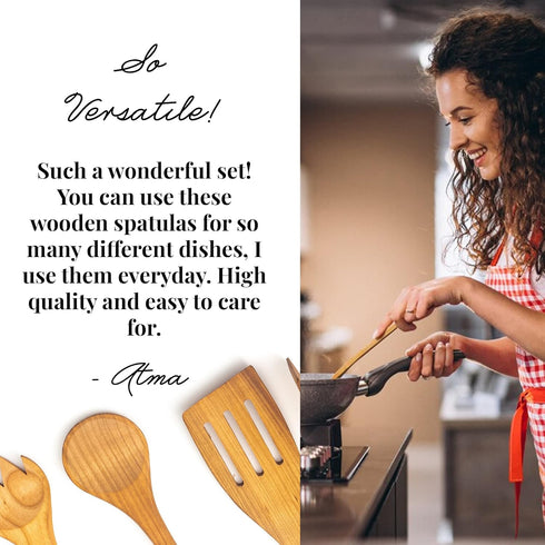 tuuli Kitchen - 4-Piece Wooden Cooking Utensils Set, Solid Cherry Wood (BBQ Tongs, Kitchen Spoon, Fork and Spatula), Durable Wooden Utensils for E...