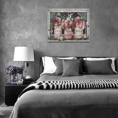Farmhouse Canvas Wall Art Rusitc Pink Rose Wall Decor Flower Mason Jar Hummingbird Pictures Painting Prints Framed Decor Country Home Artwork for ...