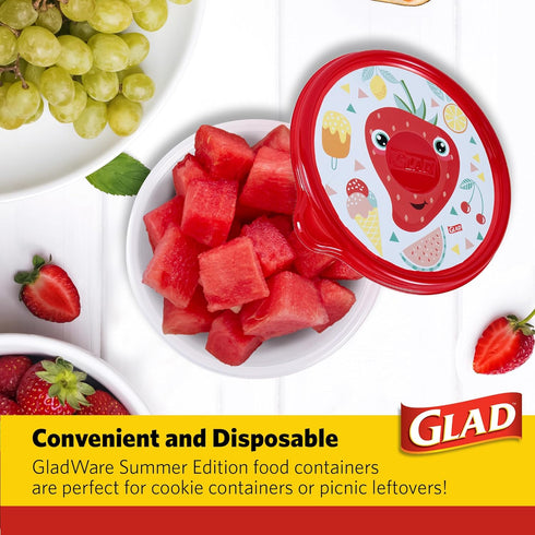 Glad Food Storage Containers, GladWare Summer Edition with Reversible Lid Inserts – 3 Ct Large Round Containers & Lids, 48oz Microwave-Safe, Freez...