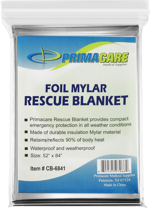 Primacare HB-10 Emergency Foil Mylar Thermal Blanket (Pack of 10), 52" Length x 84" Width, Silver...