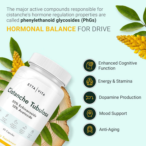 Potent Cistanche Tubulosa Capsules (500 mg) Stress Response, Mood & Cortisol Support (2X Potent 50% Echinacoside/10% Acetoside) Hormonal Balance f...