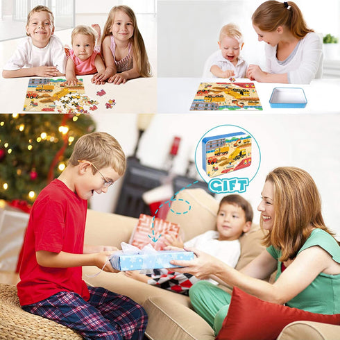 LELEMON 100 Pieces Jigsaw Puzzles in a Metal Box for Kids Age for 4-8 Boys Girls Toy Puzzles Construction Site Vehicles Children Learning Educatio...