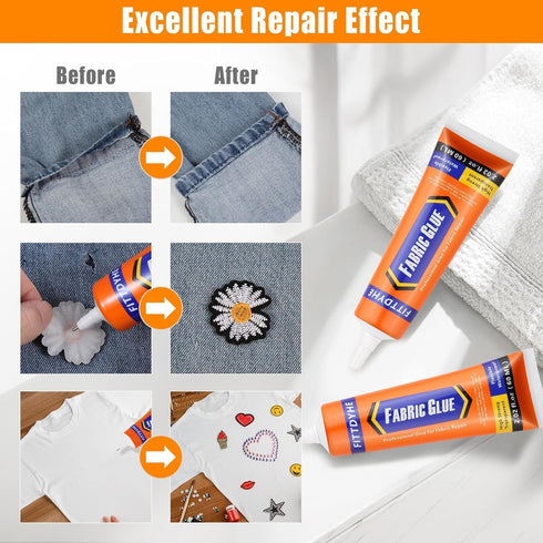 2 Pack Fabric Glue Permanent, 60ML/2.02oz Washable Clear Clothing Glue, Super Fabric Glue for Rhinestones, Patches, Clothes, Denim, Leather, Polye...