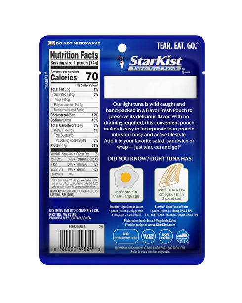 StarKist Chunk Light Tuna in Water, 2.6 oz Pouch (4 Pack) Ready to Eat Wild Caught Tuna, 17g Protein, 70 Calories Per Serving, Gluten Free, Soy Fr...