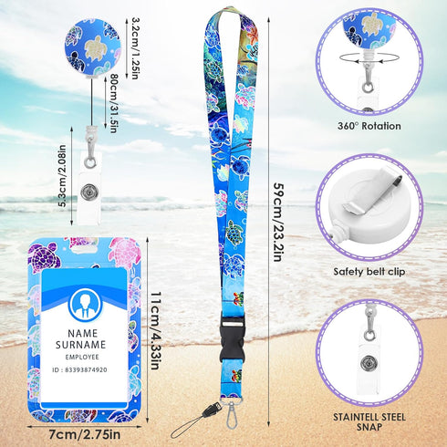 Sea Turtle ID Badge Holder with Lanyard, Marine Life Theme Retractable Badge Reel Clip and Detachable Lanyards with Card Holder Protector for Nurs...