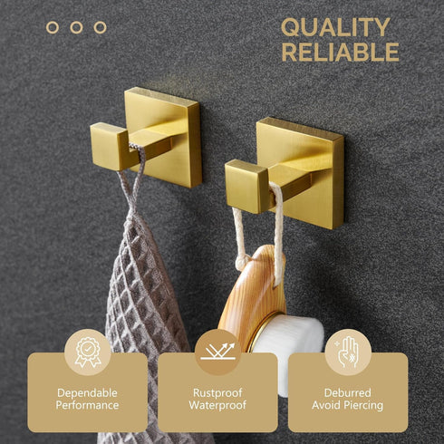 Angle Simple Towel Hook Brushed Gold 2 Pack, 304 Stainless Steel Square Robe Hook for Bathroom...