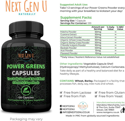 NGU Super Greens Immune System Support 500 mg 120 Vegan Capsules Contains Mixed Superfoods for Daily Booster Healthy Keto Blend w/Acai, Wheatgrass...