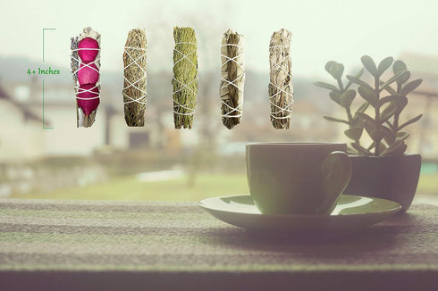 Smudge Sticks Sampler - 1 White Sage with Rose and Lavender, 1 Rosemary, 1 Cedar, 1 Sweetgrass White Sage and 1 Black Sage...