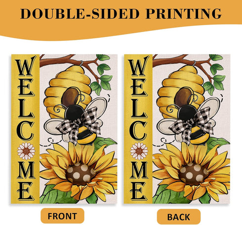 Welcome Spring Summer Bumble Bee Sunflower Decorative Garden Flag, Flower Honeycomb Yard Outside Decorations, Buffalo Plaid Bow Burlap Farmhouse O...