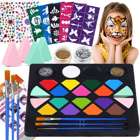 BOBISUKA Face Painting Kit for Kids - 16 Colors Water Based Body Face Paint Includes Brushes,Sponges,Glitters,Gem Sheet,Instructions,Stencils for ...