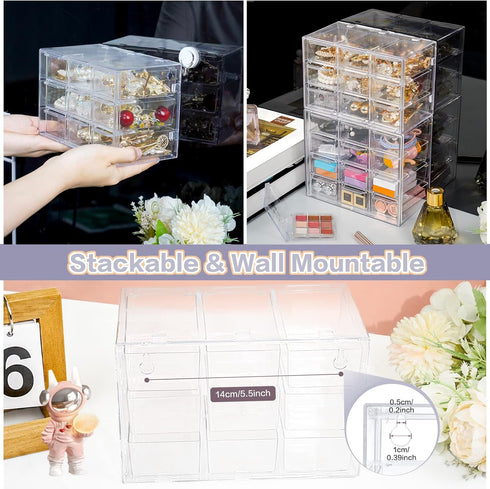 Desk Storage Organizer with 9 Mini Drawers, FODIENS Clear Desktop Craft Drawer Cabinet, Stackable Storage Box Caddy for Makeup Jewelry Office Craf...