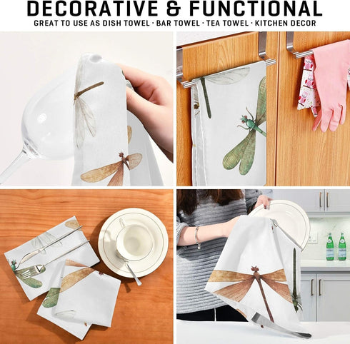 Qilmy Kitchen Dish & Tea Towel Dragonfly Reusable Cloths for Cooking and Drying Dishes for Home Kitchen Cleaning, 28x18in-4 PCS...