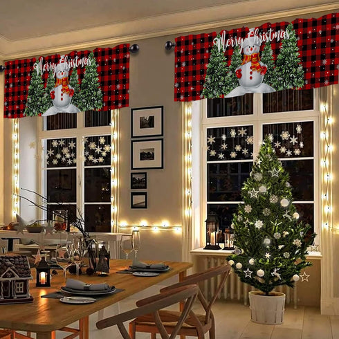 Christmas Valance for Windows Snowman with Xmas Tree Window Toppers Valances Rod Pocket 1 Panel Red Buffalo Plaid Check Window Treatments for Kitc...