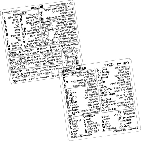 SYNERLOGIC Mac OS (M/Intel) + Word/Excel (for Mac) Quick Reference Keyboard Shortcut Stickers - for MacBook Air/Pro/iMac/Mac/Mini (Clear, 1 Set)...