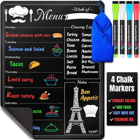 Magnetic Dry Erase Black Menu Board for Fridge (16 x 12"), Weekly Meal Planner Blackboard w/ 4 Neon Chalk Markers & Cloth Eraser, Chalkboard Organ...