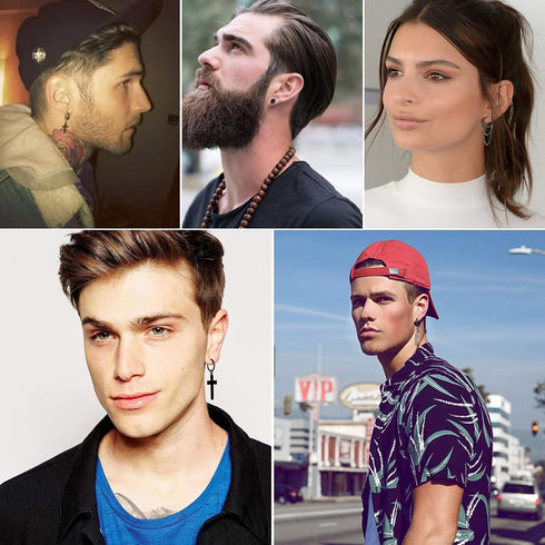 FIFATA 20 Pieces Men Earrings Set - Black Stainless Steel Chain Hoop Earrings Cross Moon and Star Dangle Earrings Piercing Jewelry for Men Women...