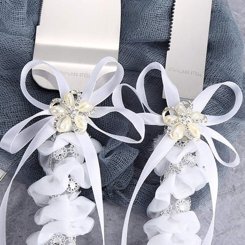 TANG SONG Stainless Steel Elegant Wedding Cake Knife and Serving Set Resin Plastic Handle Pearl Flower Shape with Lace Wedding Cake Knife and Shov...