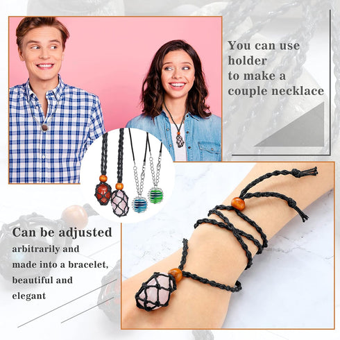 66 Pieces Empty Stone Holder Quartz Stone Necklace Cord Fish Netted Cord Adjustable Crystal Holder Spiral Bead Cages Pendants Black Waxed Necklace...
