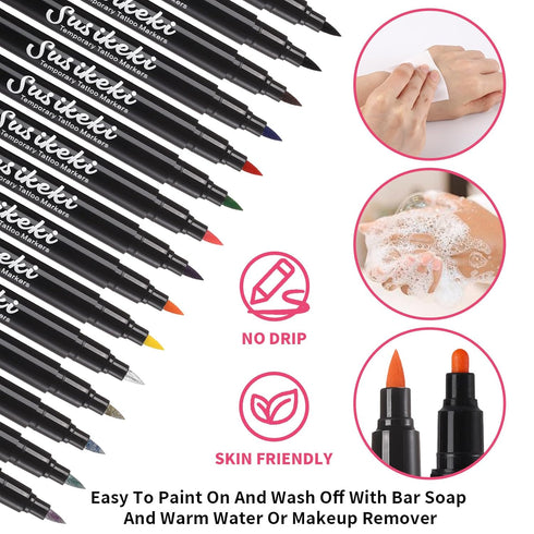 Temporary Tattoo Markers for Skin,15PCS Dual-Ended Tattoo Pen + 50 Paint Stencils + 43 Tattoos Stickers,Glitter & Matte & Neon Glow Body Marker Se...