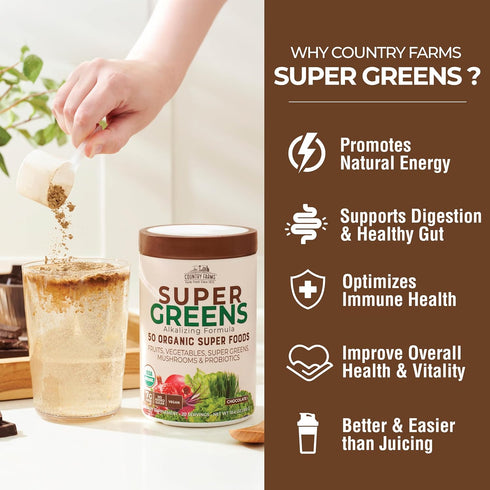 COUNTRY FARMS Organic Super Greens Chocolate Flavor, 50 Organic Super Foods, USDA Organic Drink Mix, Packed with Fiber, Fruits, Vegetables, Mushro...