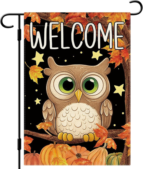 Welcome Fall Owl Garden Flag Autumn Owl Pumpkins Maple Leaves Flag 12×18 Inch Double Sided Vertical Burlap Farmhouse Yard Flag Thanksgiving Holida...