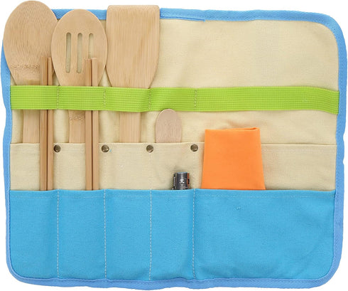 ust Camp Kitchen roll up with 7 Piece Bamboo Utensil Set in a Portable Organizer for Cooking, Camping, and Everyday use...