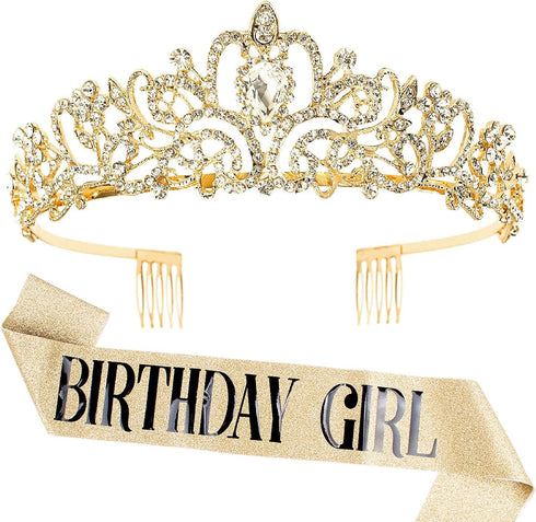 Aprince Birthday Crown & Sash Set, Rhinestone Tiaras and Crowns for Women Girls, Gold Tiara & Sash for Birthday, Prom Photoshoot...