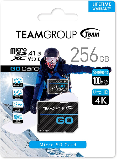 TEAMGROUP GO Card 256GB Micro SDXC UHS-I U3 V30 4K for GoPro & Action Cameras High Speed Flash Memory Card with Adapter for Outdoor, Sports, 4K Sh...