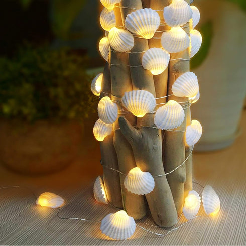 Natural Beach Seashell String Lights 13.85 Ft 40 Warm White LED Weatherproof Battery Operated 8 Modes Ocean Lights for Holiday Parties Bedrooms We...