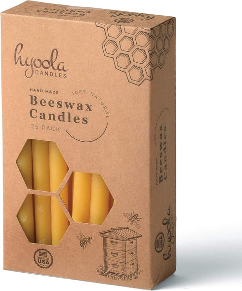 Hyoola Thin Beeswax Taper Candles - 25 Pack - Handmade, All Natural, 100% Pure Scented Bee Wax Candle - Tall, Decorative, Golden Yellow - 6” Tall ...