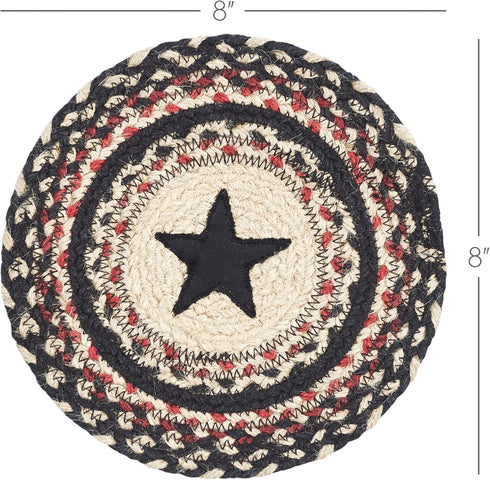 VHC Brands Colonial Star Trivet Hot Pad for Pots Pans, Tan Black Red, Jute Blend, Round Circle, 8 Inches...