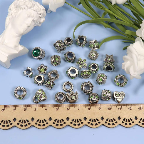 TOAOB 30pcs Green Large Hole European Beads Antique Silver Metal Rhinestone Rondelle Spacer Charms Beads Assortments for Bracelets Necklaces Jewel...