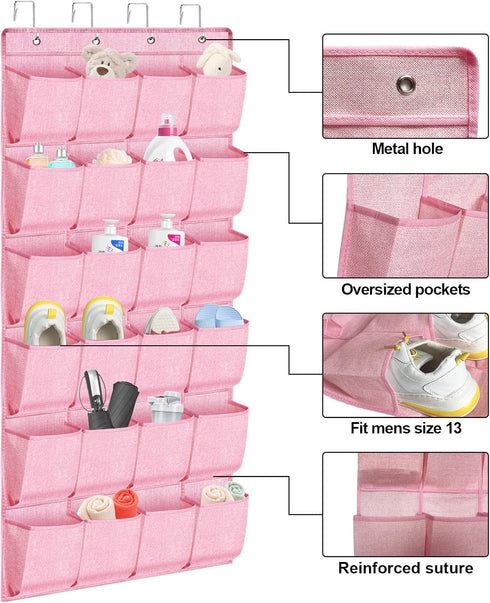Pink Shoe Organizer Over the Door for Girls Women Kids Room,Hanging Shoe Rack Organizer for Closet Door,Zapateras Storage Holder with 24 Large Poc...