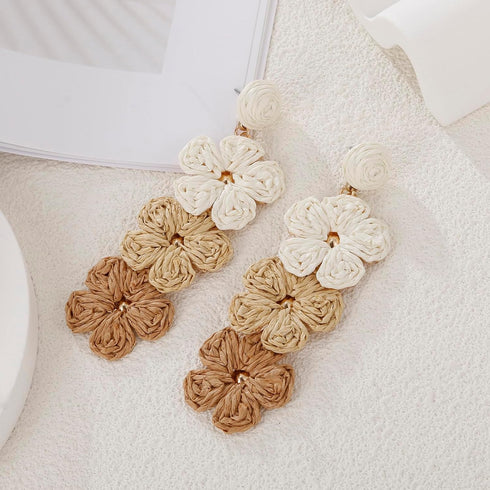 Raffia Flower Earrings, Raffia Straw Wrapped Flower Drop Dangle Earrings Summer Tropical Beach Jewelry...