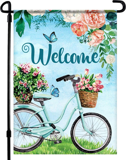 Spring Garden Flag - 12.5 x 18 inch Double - Sided Welcome Bicycle Front Yard Decor - Seasonal Welcome Bike outdoor Banner for House, Porch, Patio...