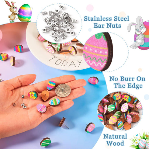 Beadthoven 24 Pairs Easter Egg Wooden Stud Earring Set Natural Wooden Earring Posts with Earrings Backs Colorful Printed Small Stud Earrings Pins ...