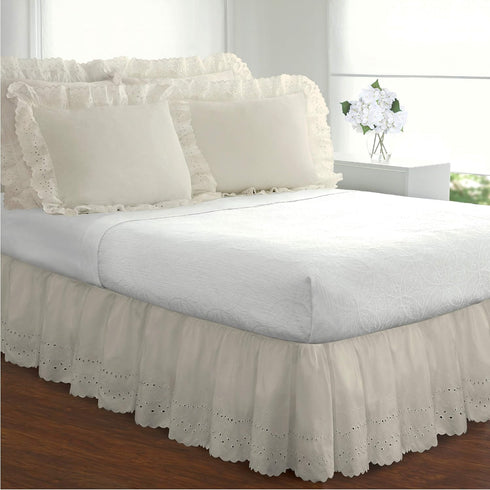 FRESH IDEAS Ruffled Bed Pillow Shams with Embroidered Eyelet Detail, King, Ivory, 2-Pack...
