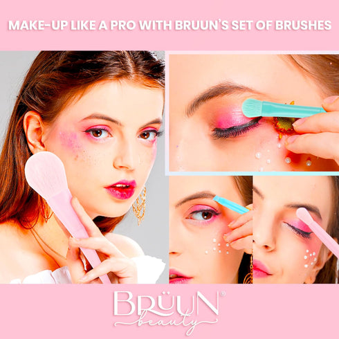 BRÜUN Makeup Brushes Set- A (17 Pcs) Premium Quality Synthetic and Colorful Brushes Kit with Purple Top and Blue Bottom Sponges for Blush Conceale...