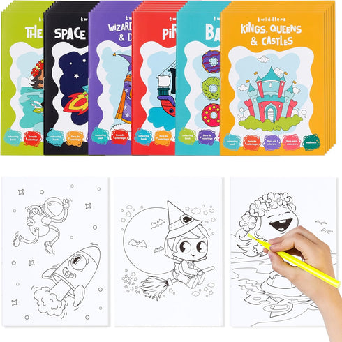 THE TWIDDLERS - 24 Pack 6 Themes Bulk Mini Coloring Books for Kids Ages 3+, includes Castles Dragons Space Pirate Baking Beach - Coloring Book Par...