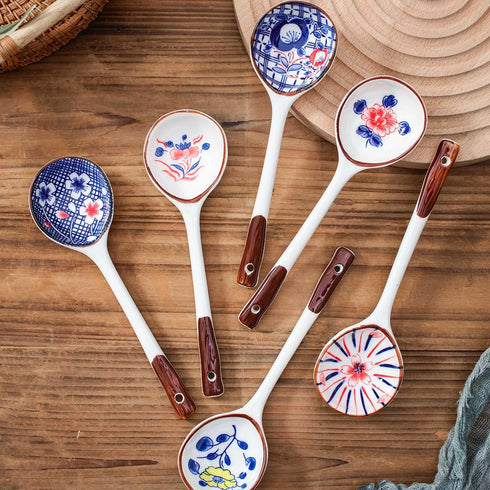 Soup Spoon, Asian Ceramic Spoons with Long Handle Japanese Soup Spoon, Chinese Ramen Spoons Easy to Hold for Ramen Wonton Noodle Miso Dumplings-Se...