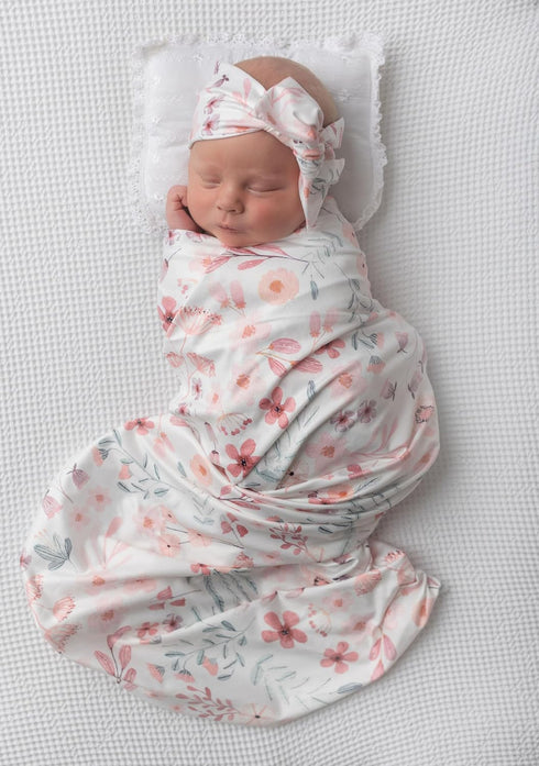 Newborn Floral Print Blanket Baby Stretch Wrap Swaddle Blanket Receiving Blanket with Matching Headband and Beanie (Small Flower and Leaf)...