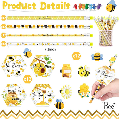 48 Sets Bee Themed Gifts 48 Scented Bee Inspirational Pencils, 48 Motivational Cards and 48 Pencil Topper Clip for Kids Graduation Gifts End of th...