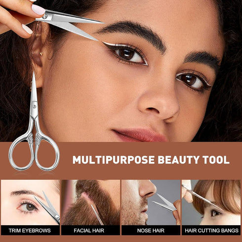 Small Facial Hair Scissors, Stainless steel (silver) Straight Tip Snips Beauty Grooming Kit for Eyebrows, Beard, Ear, Nose, Moustache Trimming wit...