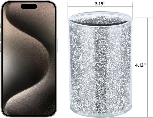 Crushed Diamond Glass Kitchen Utensil Holder Round for Countertop Flatware Utensil Organizer Home Decor Sparkly Gift (Silver)...