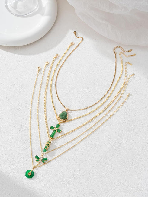 5Pcs Green Jade Buddha Pendant Necklace Set 18K Gold Plated Zircon Chain Lucky Buddha Necklace for Women Cross Dragon Dragonfly Round Pendant Neck...