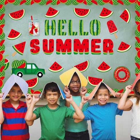 49 PCS Hello Summer Paper Bulletin Board Set Watermelon Classroom Decoration Back to School Cutouts Watermelon Bulletin Board Decor Classroom Deco...